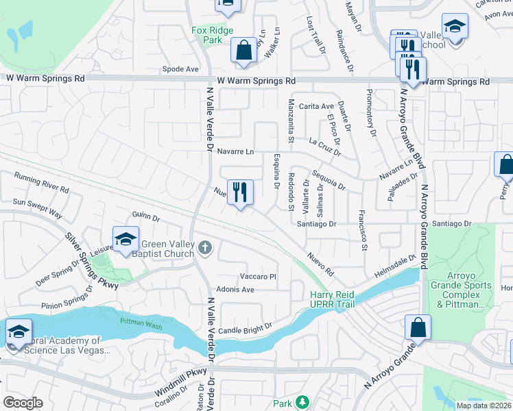 map of restaurants, bars, coffee shops, grocery stores, and more near 1810 Nuevo Road in Henderson