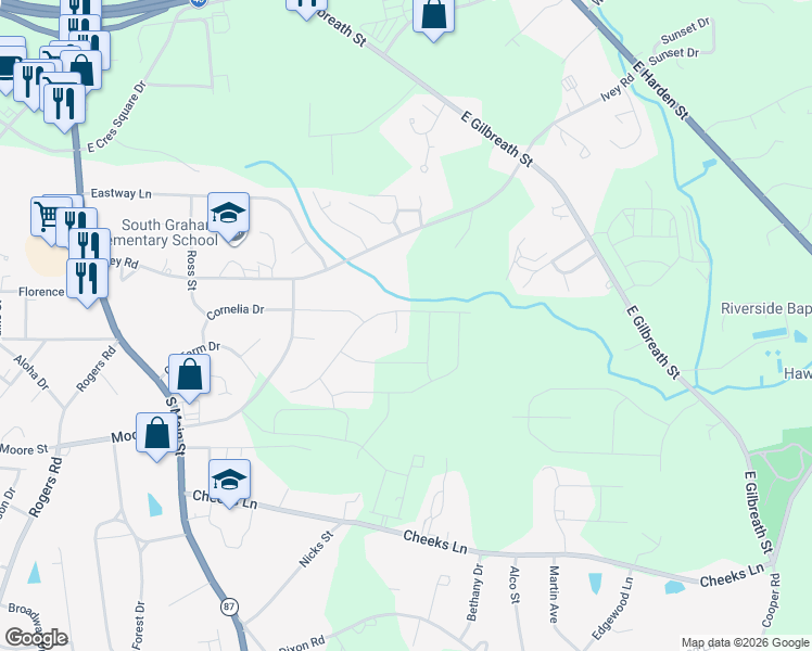 map of restaurants, bars, coffee shops, grocery stores, and more near 3607 Old Farm Court in Graham