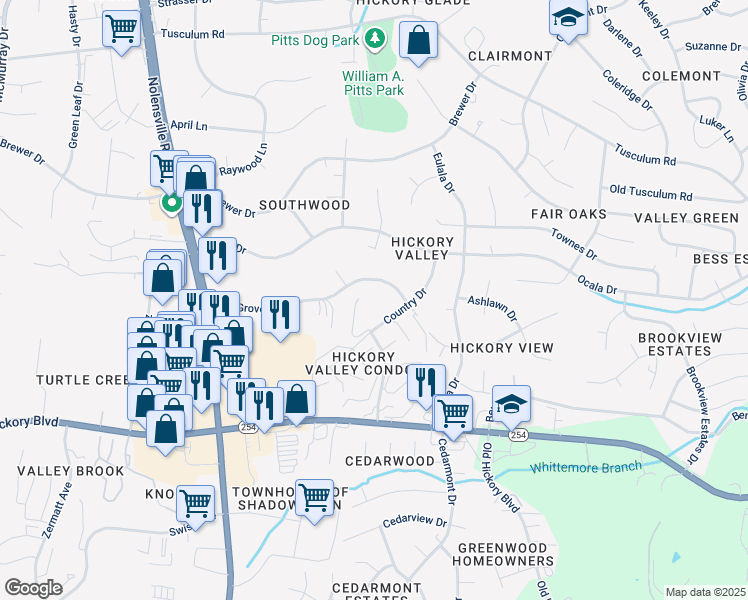 map of restaurants, bars, coffee shops, grocery stores, and more near 5515 Country Drive in Nashville