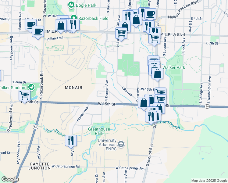 map of restaurants, bars, coffee shops, grocery stores, and more near 1352 Van Buren Avenue in Fayetteville