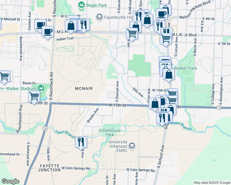 map of restaurants, bars, coffee shops, grocery stores, and more near 1390 South Duncan Avenue in Fayetteville
