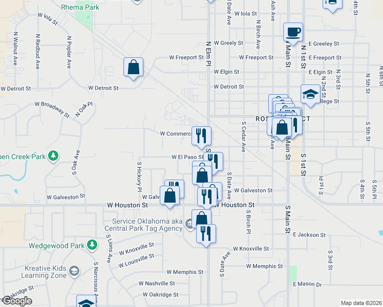 map of restaurants, bars, coffee shops, grocery stores, and more near 305 South Fern Avenue in Broken Arrow