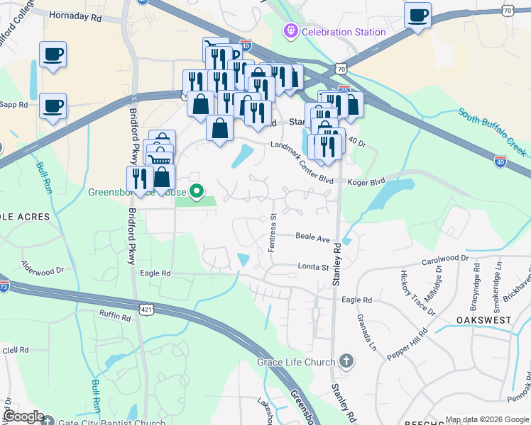 map of restaurants, bars, coffee shops, grocery stores, and more near 332 Malamute Lane in Greensboro