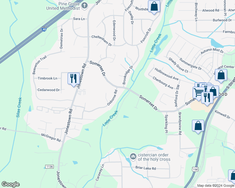 map of restaurants, bars, coffee shops, grocery stores, and more near 502 Osborne Road in Winston-Salem