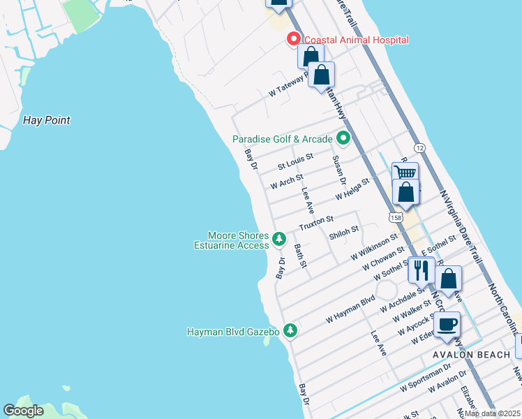 map of restaurants, bars, coffee shops, grocery stores, and more near 3202 Bay Drive in Kill Devil Hills