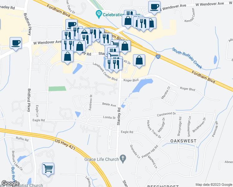 map of restaurants, bars, coffee shops, grocery stores, and more near 5 Pickwick Place in Greensboro