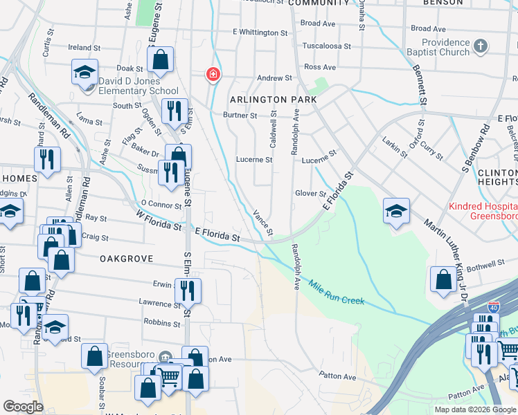 map of restaurants, bars, coffee shops, grocery stores, and more near 1512 Caldwell Street in Greensboro