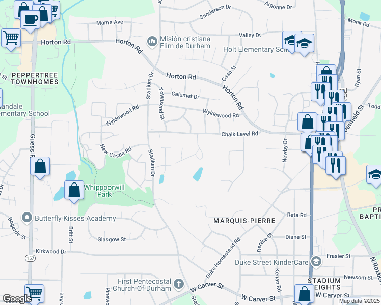 map of restaurants, bars, coffee shops, grocery stores, and more near 1107 Chalk Level Road in Durham