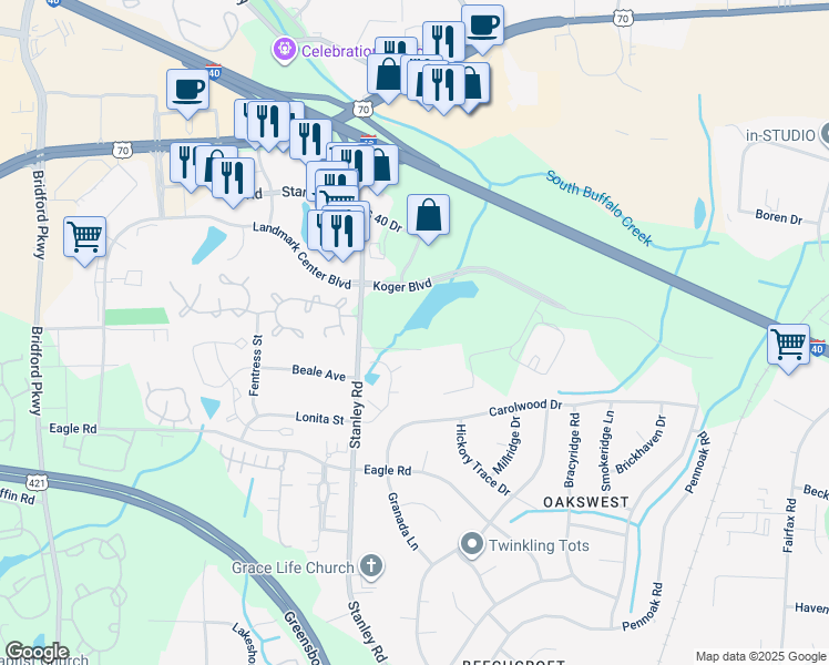 map of restaurants, bars, coffee shops, grocery stores, and more near 2 Pickwick Place in Greensboro
