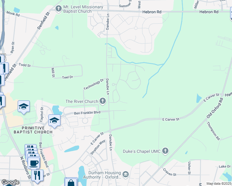 map of restaurants, bars, coffee shops, grocery stores, and more near 4127 Lillington Drive in Durham