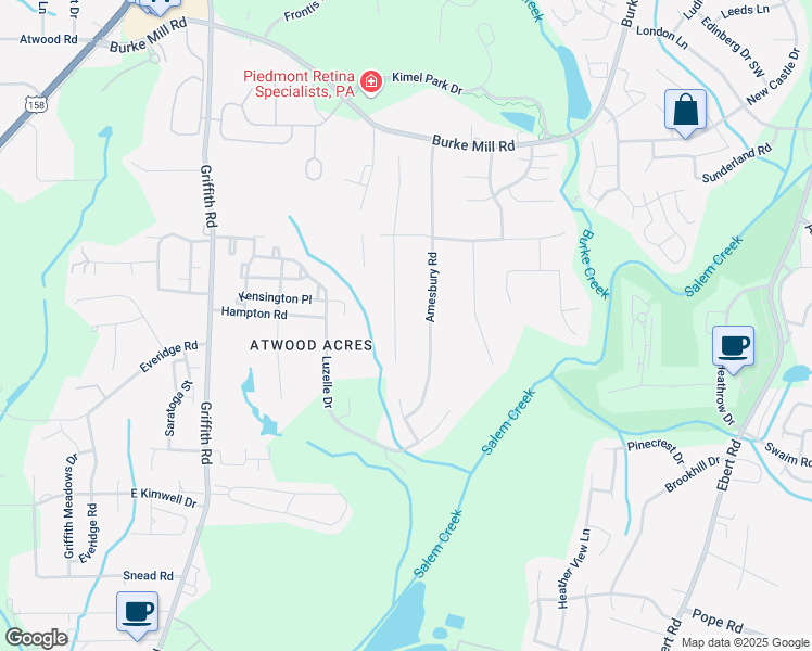 map of restaurants, bars, coffee shops, grocery stores, and more near 2676 Amesbury Road in Winston-Salem
