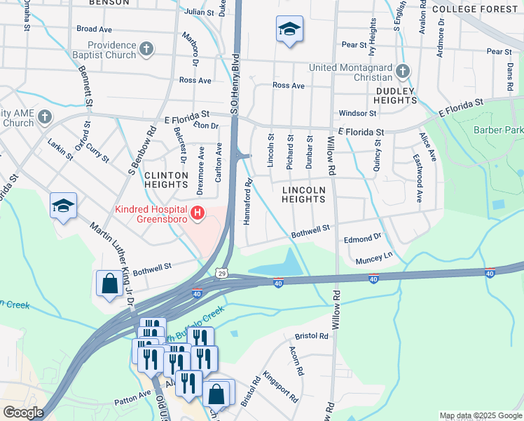 map of restaurants, bars, coffee shops, grocery stores, and more near 17 Bothwell Court in Greensboro