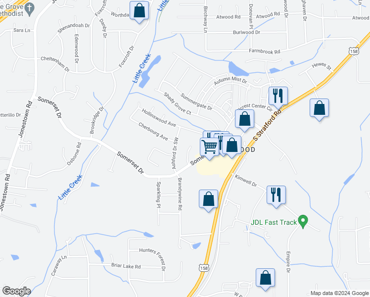 map of restaurants, bars, coffee shops, grocery stores, and more near 145 Silverthorne Court in Winston-Salem