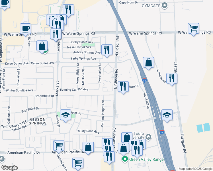 map of restaurants, bars, coffee shops, grocery stores, and more near 325 North Gibson Road in Henderson