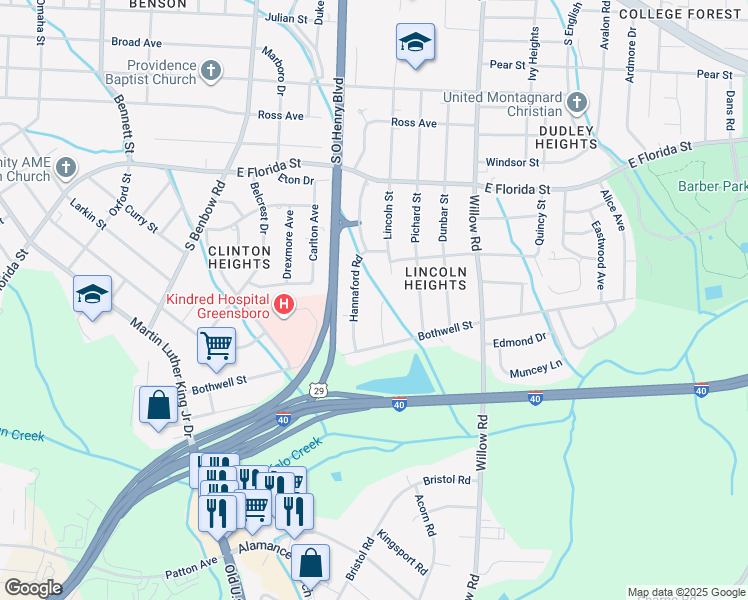 map of restaurants, bars, coffee shops, grocery stores, and more near 17 Bothwell Court in Greensboro