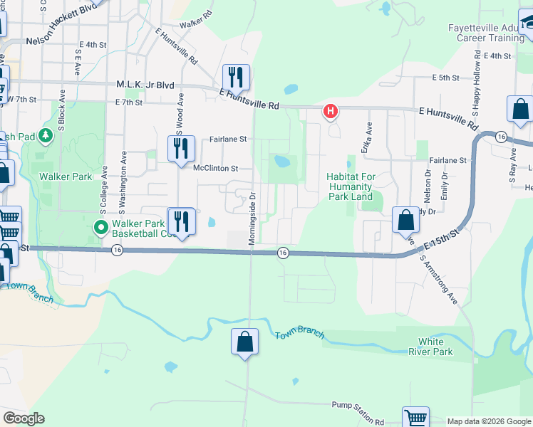 map of restaurants, bars, coffee shops, grocery stores, and more near 1302-1498 Morningside Drive in Fayetteville