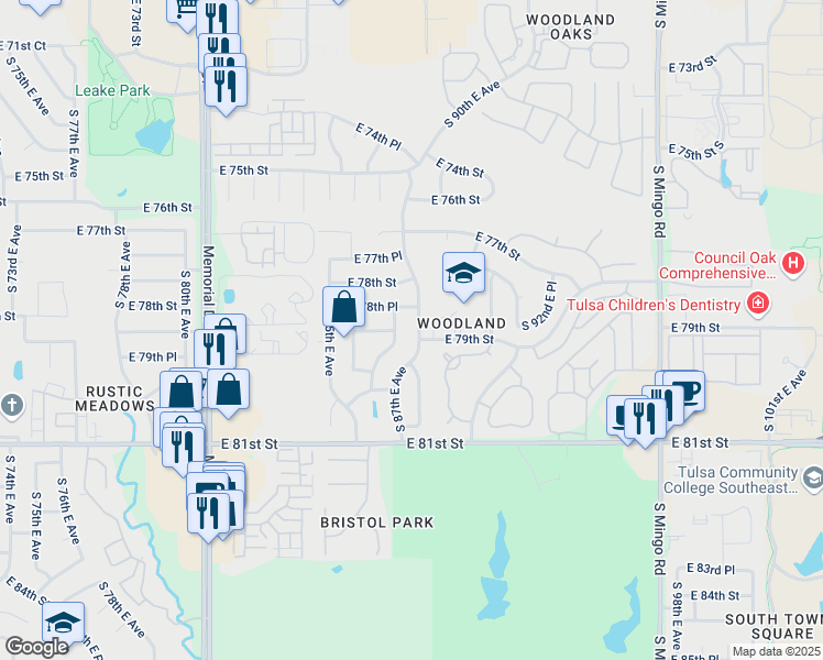 map of restaurants, bars, coffee shops, grocery stores, and more near 7913 South 86th East Place in Tulsa