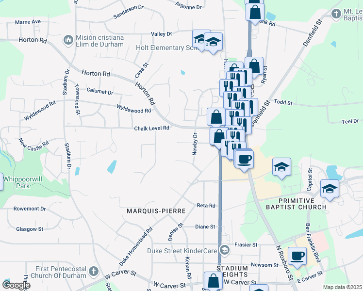 map of restaurants, bars, coffee shops, grocery stores, and more near 715 Crosby Road in Durham