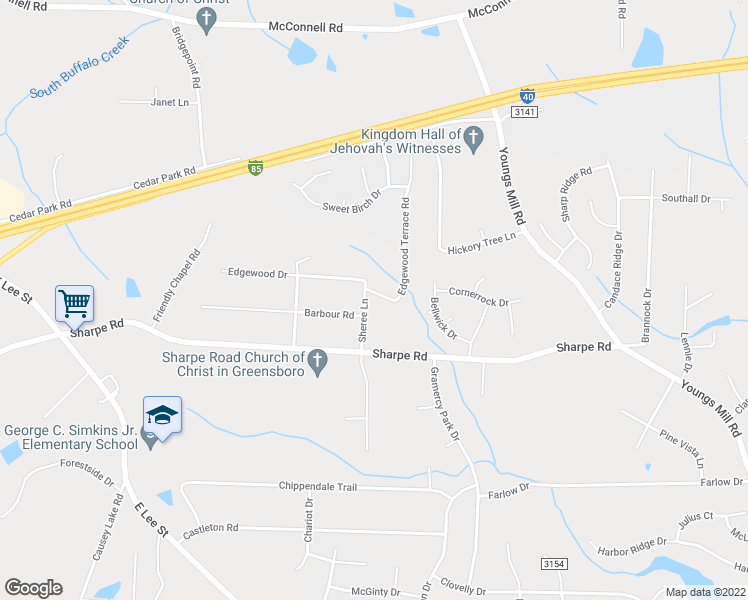map of restaurants, bars, coffee shops, grocery stores, and more near 1701 Sheree Lane in Greensboro