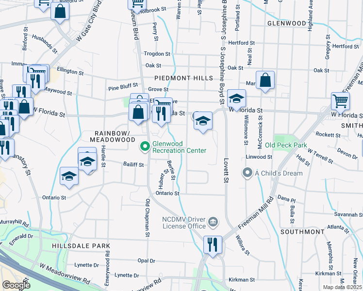 map of restaurants, bars, coffee shops, grocery stores, and more near 1702 J Avenue in Greensboro