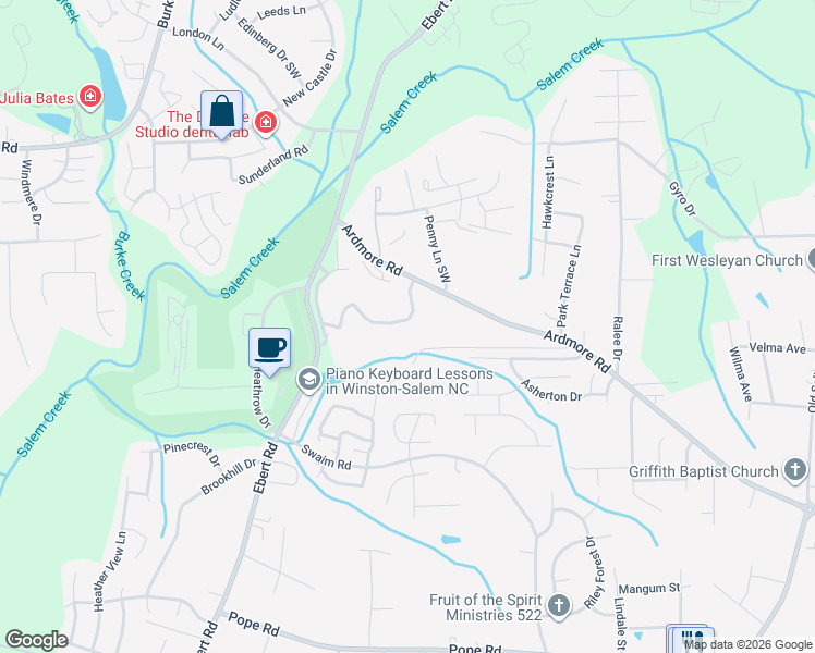 map of restaurants, bars, coffee shops, grocery stores, and more near 1824 Salem Bluff Drive in Winston-Salem