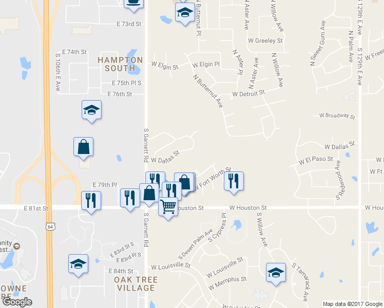 map of restaurants, bars, coffee shops, grocery stores, and more near 221 South Desert Palm Avenue in Broken Arrow