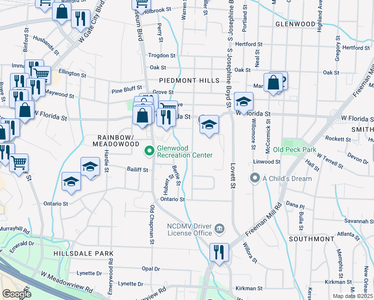 map of restaurants, bars, coffee shops, grocery stores, and more near 1702 J Avenue in Greensboro