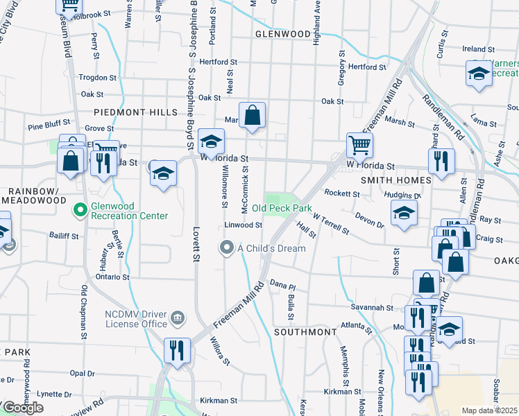 map of restaurants, bars, coffee shops, grocery stores, and more near 1610 Glenwood Avenue in Greensboro