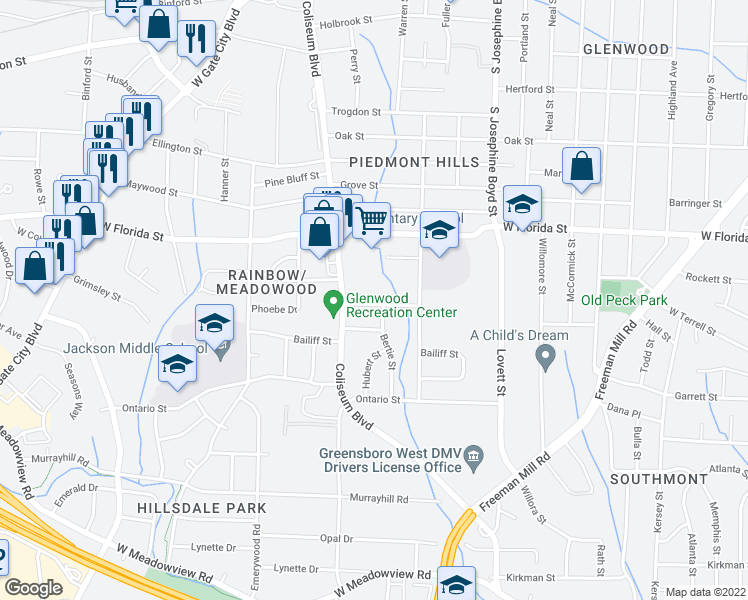 map of restaurants, bars, coffee shops, grocery stores, and more near 1802 J Avenue in Greensboro