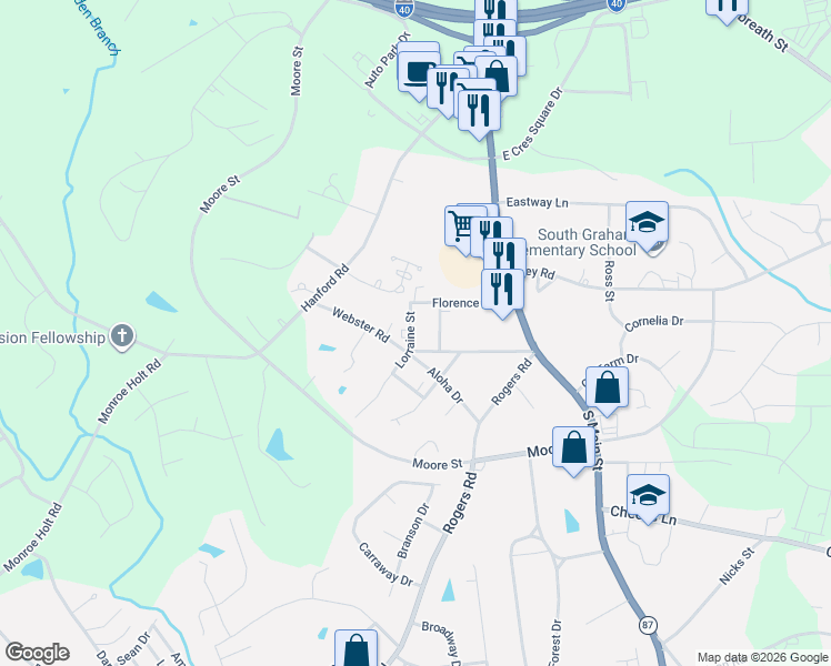 map of restaurants, bars, coffee shops, grocery stores, and more near 145 Webster Road in Graham