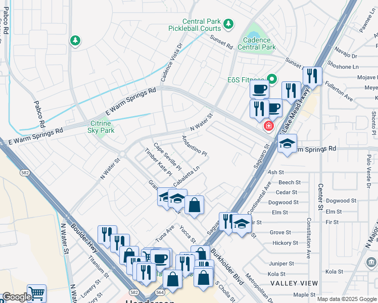 map of restaurants, bars, coffee shops, grocery stores, and more near 285-999 Country Club Drive in Henderson