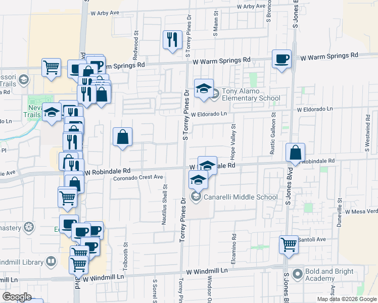 map of restaurants, bars, coffee shops, grocery stores, and more near 7660 Jacaranda Bay Street in Las Vegas