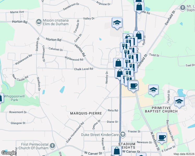 map of restaurants, bars, coffee shops, grocery stores, and more near 716 Ferris Road in Durham