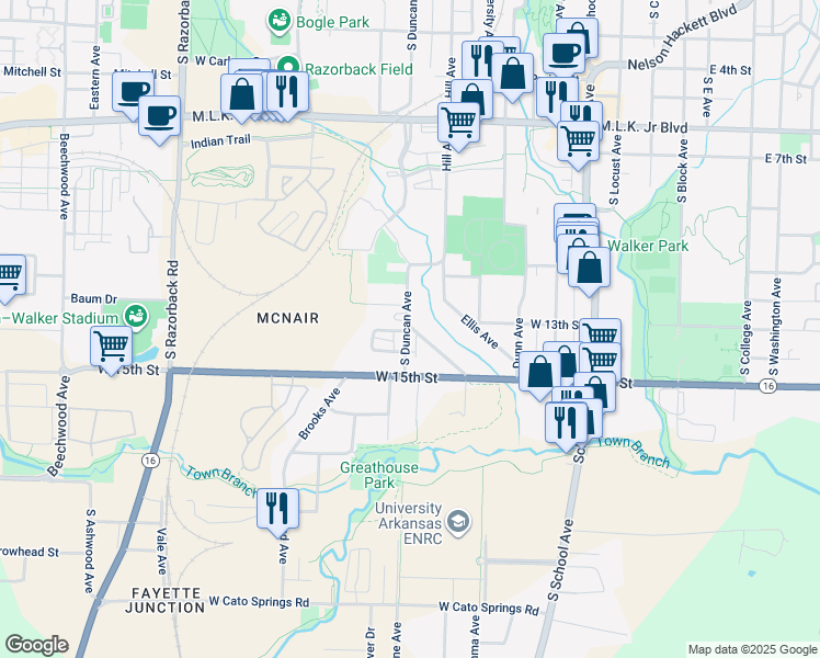 map of restaurants, bars, coffee shops, grocery stores, and more near 1390 South Duncan Avenue in Fayetteville