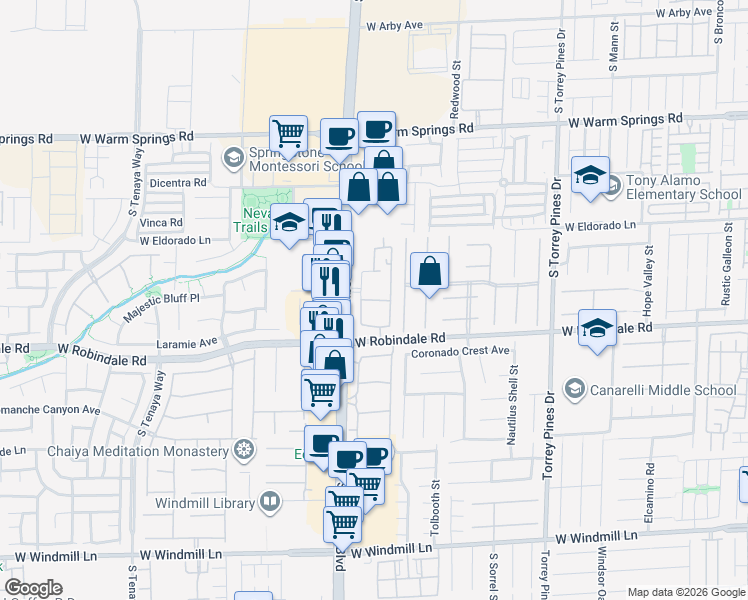 map of restaurants, bars, coffee shops, grocery stores, and more near 7600 South Rainbow Boulevard in Las Vegas