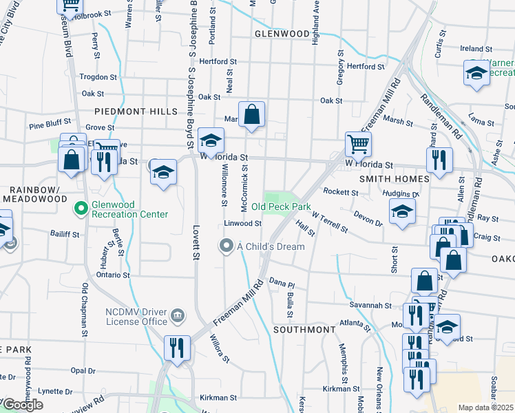 map of restaurants, bars, coffee shops, grocery stores, and more near 1610 Glenwood Avenue in Greensboro
