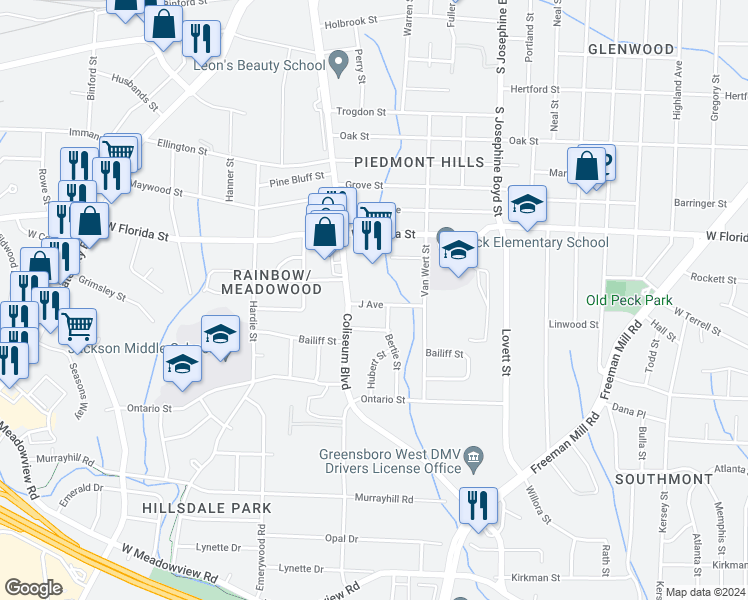 map of restaurants, bars, coffee shops, grocery stores, and more near 1804 J Avenue in Greensboro