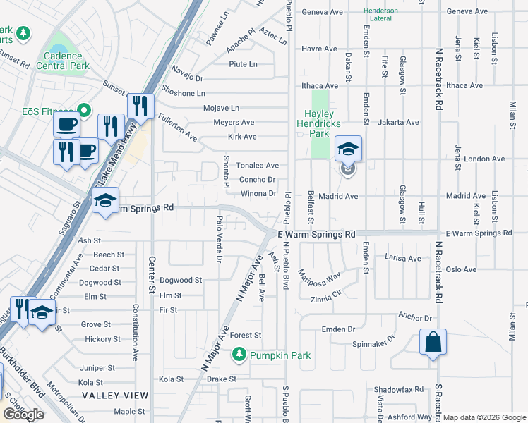 map of restaurants, bars, coffee shops, grocery stores, and more near 576 Bayo Canyon Court in Henderson