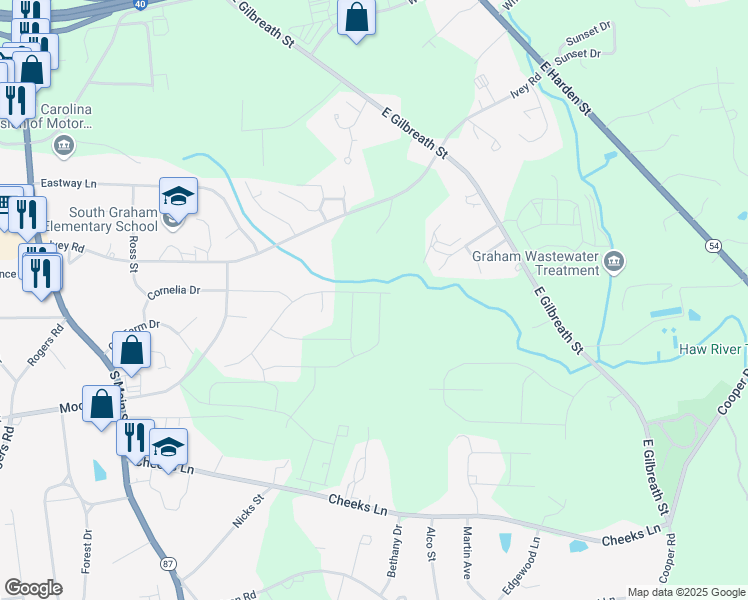 map of restaurants, bars, coffee shops, grocery stores, and more near 680 Winesap Drive in Graham