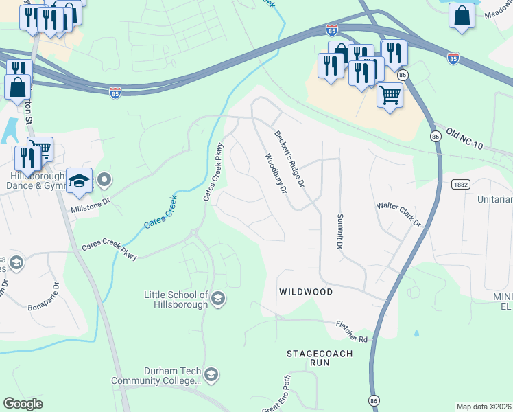 map of restaurants, bars, coffee shops, grocery stores, and more near 407 Fairy Moss Lane in Hillsborough