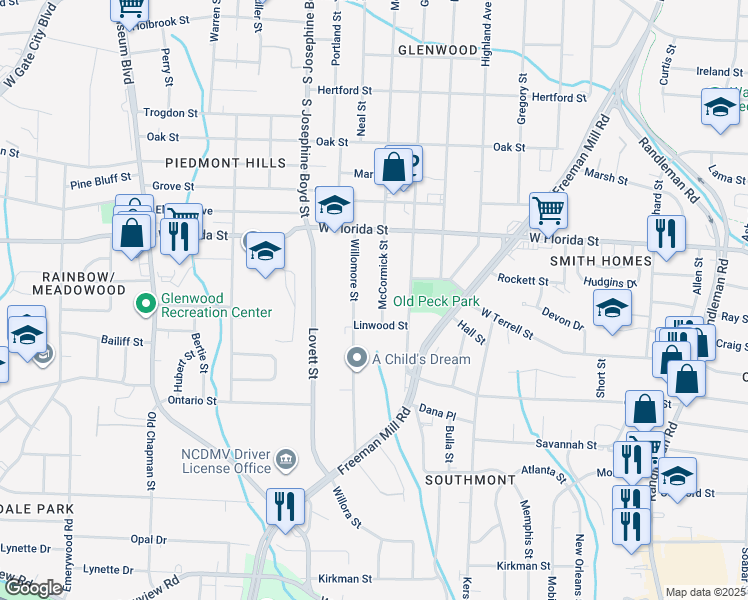 map of restaurants, bars, coffee shops, grocery stores, and more near 1534 McCormick Street in Greensboro