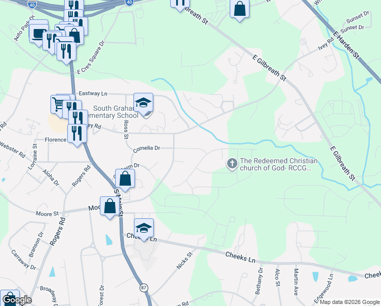 map of restaurants, bars, coffee shops, grocery stores, and more near 504 Lemontree Court in Graham