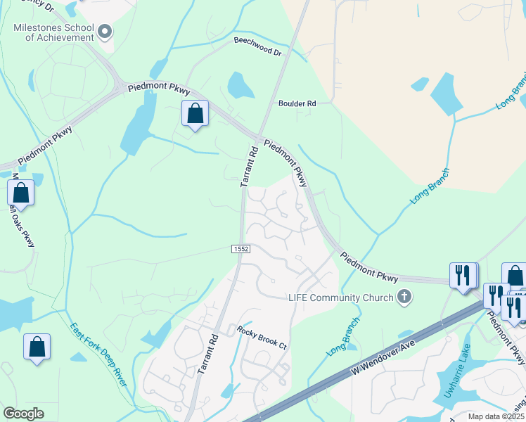 map of restaurants, bars, coffee shops, grocery stores, and more near 4415 Amethyst Court in Greensboro