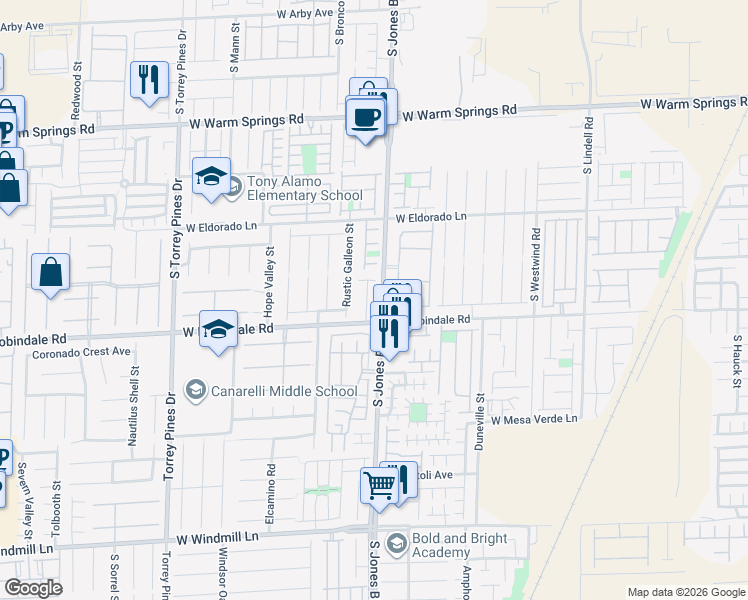map of restaurants, bars, coffee shops, grocery stores, and more near 7658 Sandhaven in Las Vegas
