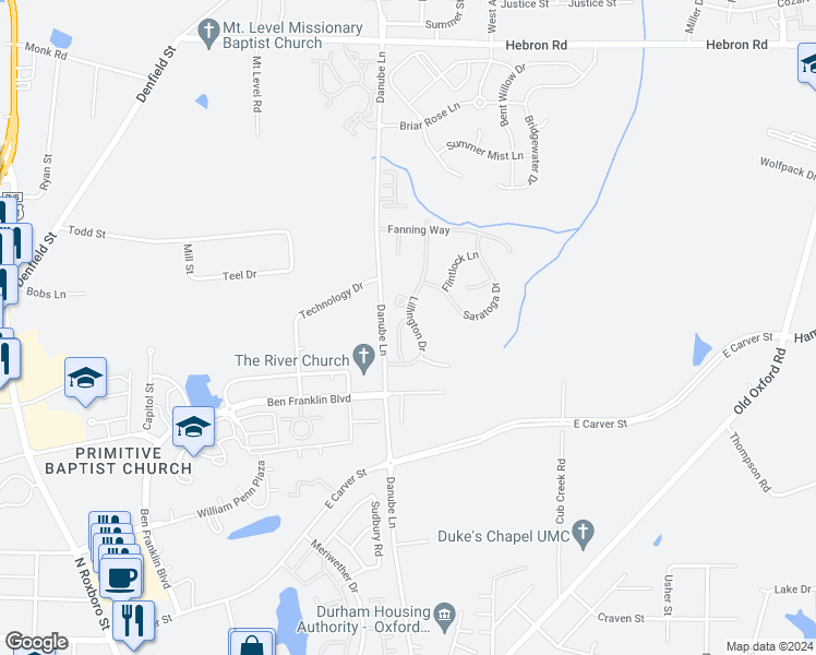map of restaurants, bars, coffee shops, grocery stores, and more near 4131 Lillington Drive in Durham