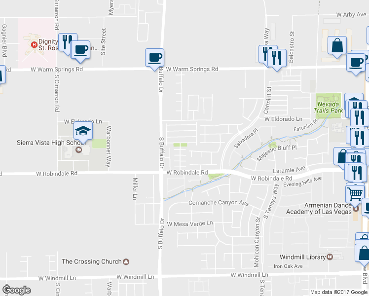 map of restaurants, bars, coffee shops, grocery stores, and more near 7696 West Trails Park Place in Las Vegas