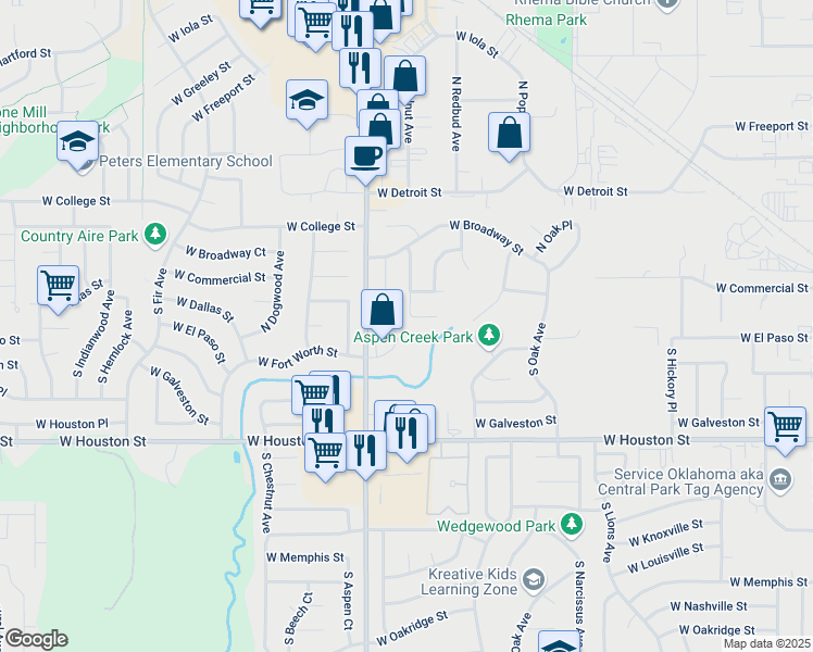 map of restaurants, bars, coffee shops, grocery stores, and more near 521 South Aspen Avenue in Broken Arrow