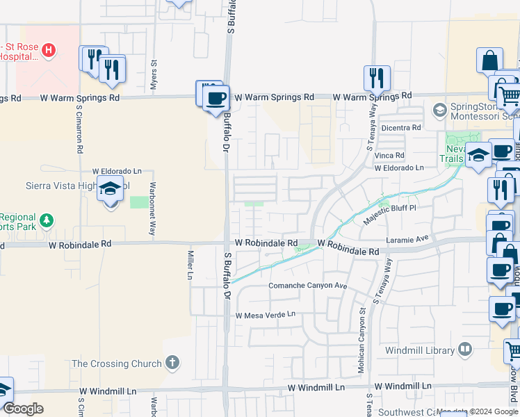 map of restaurants, bars, coffee shops, grocery stores, and more near 7696 West Trails Park Place in Las Vegas