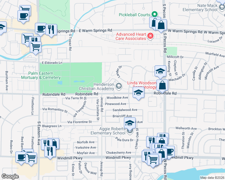 map of restaurants, bars, coffee shops, grocery stores, and more near 2750 Woodbine Avenue in Henderson