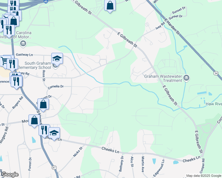 map of restaurants, bars, coffee shops, grocery stores, and more near 3604 Old Farm Court in Graham